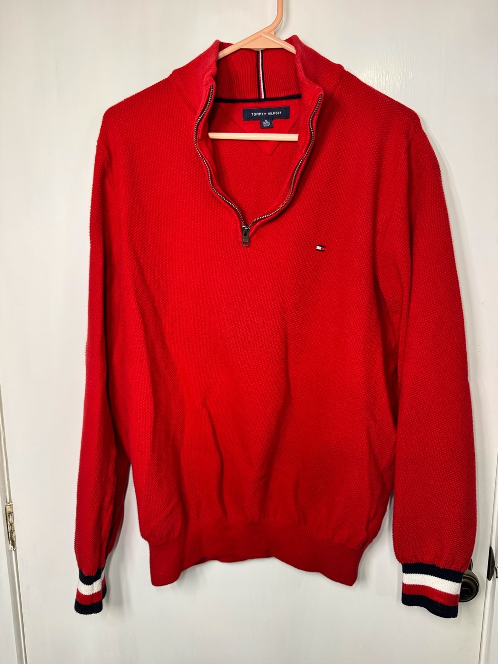 Tommy Hilfiger Red Zip-Up Sweater with Striped Cuffs